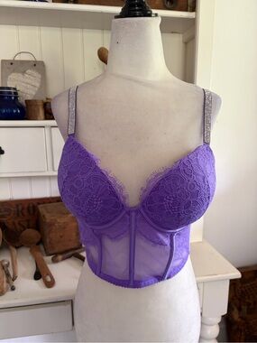 NWOT Victoria's Secret Purple Lace Longline Bra with Rhinestone Straps
